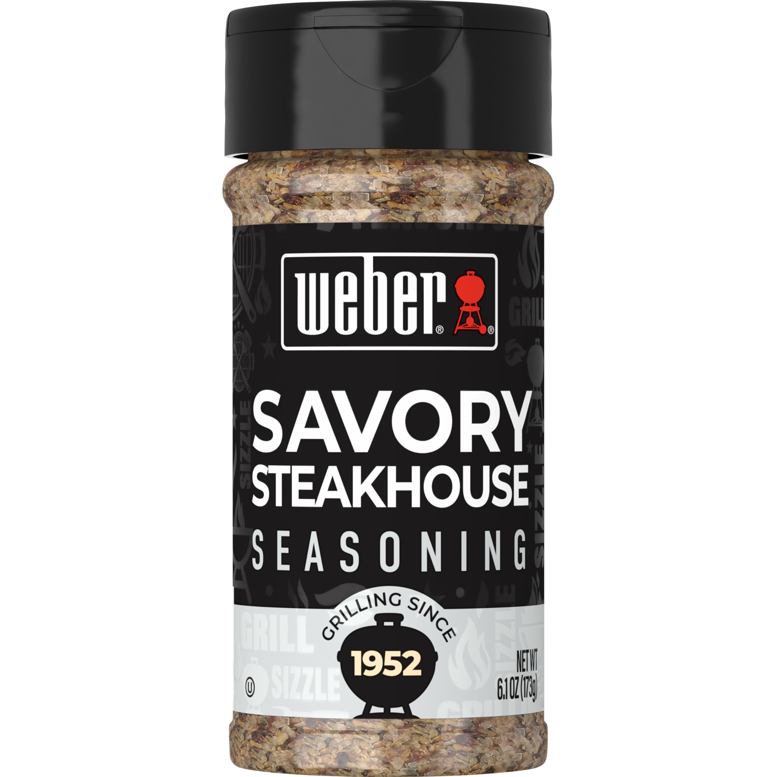 Weber Savory Steakhouse Seasoning coarse-pour bottle highlights bold flavor for grilled steaks