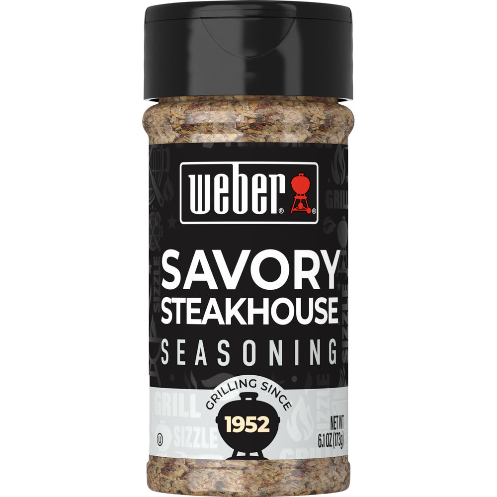 Weber Savory Steakhouse Seasoning coarse-pour bottle highlights bold flavor for grilled steaks