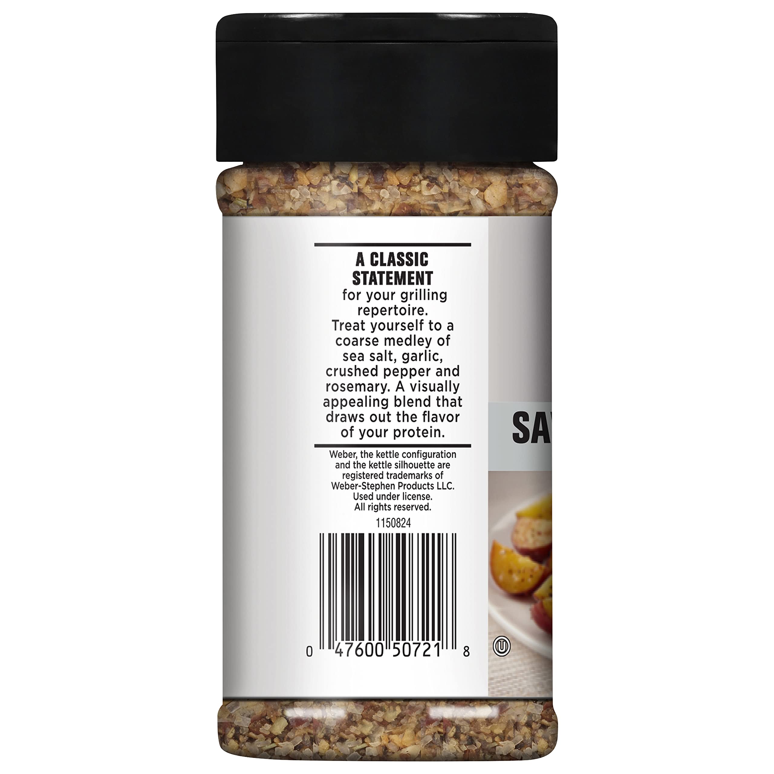 Weber Savory Steakhouse Seasoning packaging highlights premium quality and ready-to-use rub
