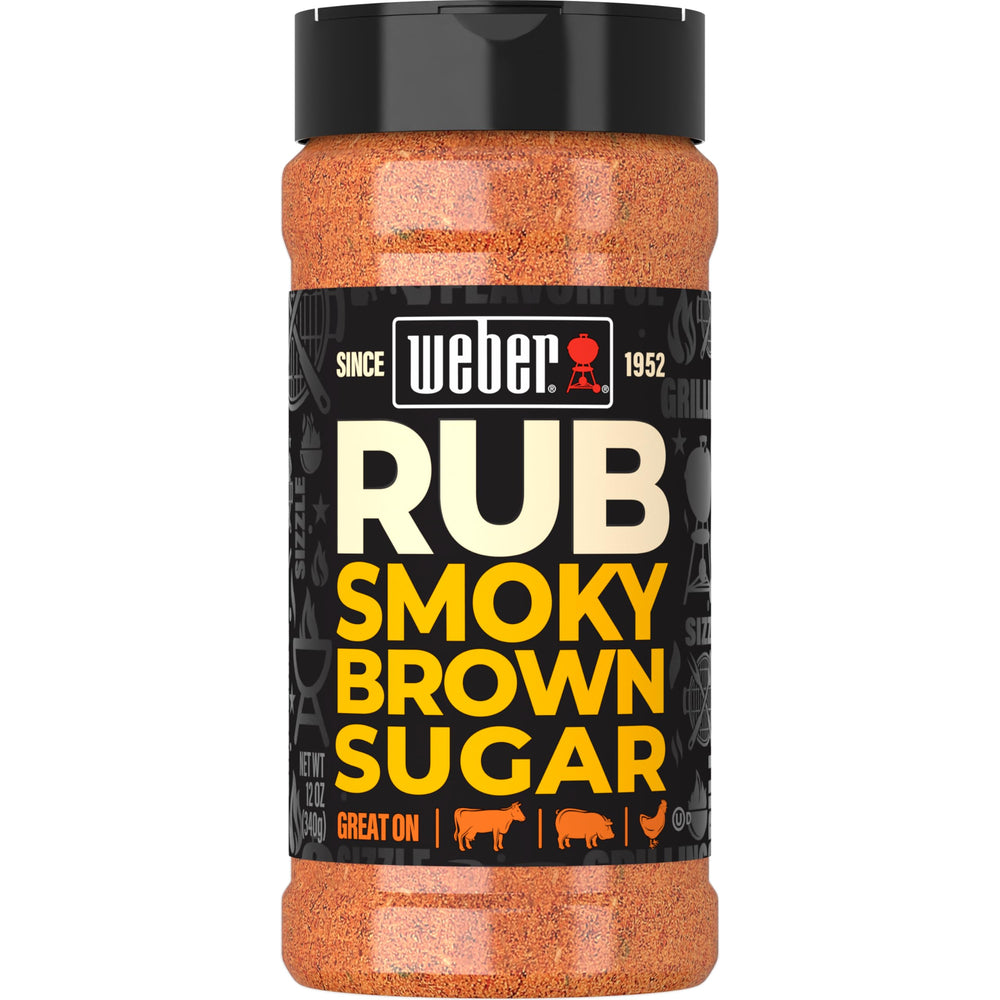 Weber Smoky Brown Sugar Dry Rub bottle on counter ready for grilling