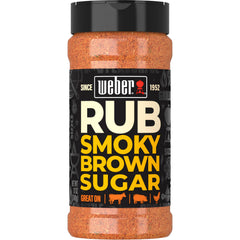 Weber Smoky Brown Sugar Dry Rub bottle on counter ready for grilling
