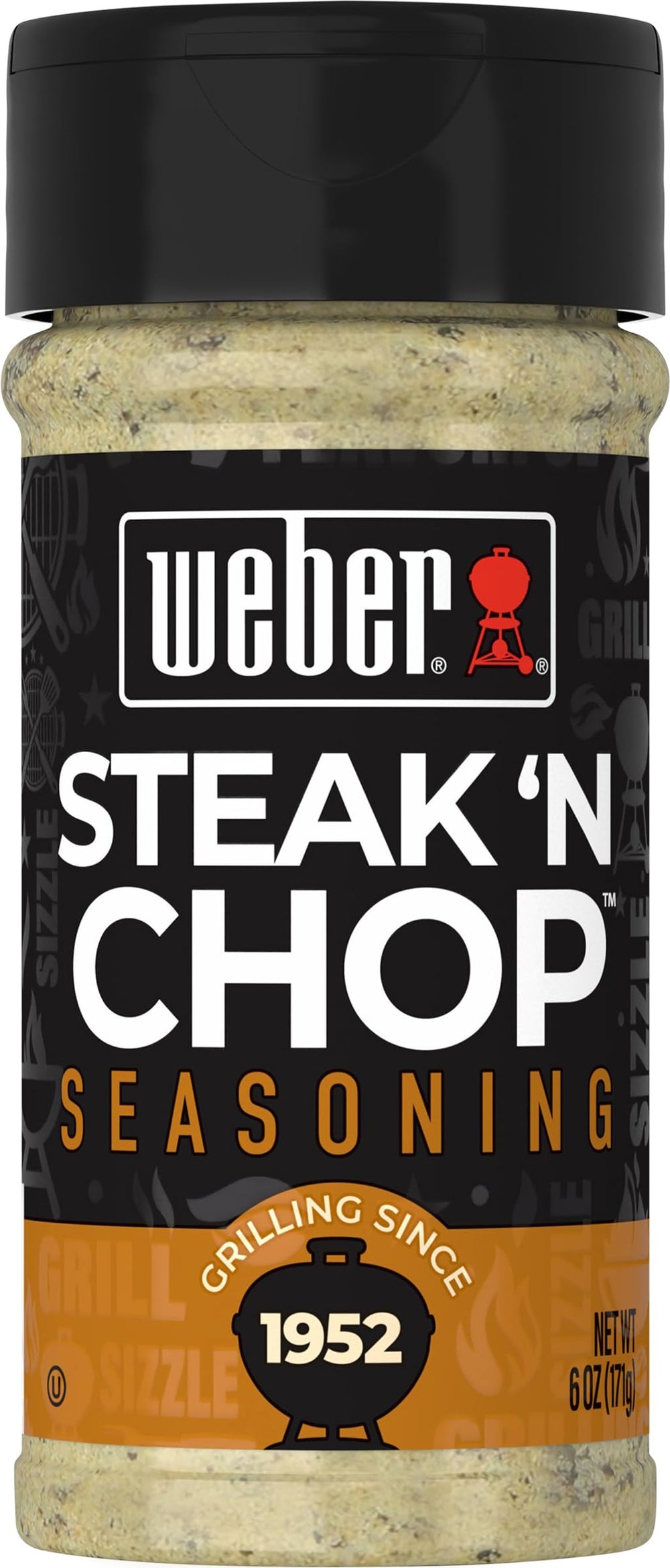 Weber Steak 'n Chop Seasoning bottle front boosts beef and pork flavor