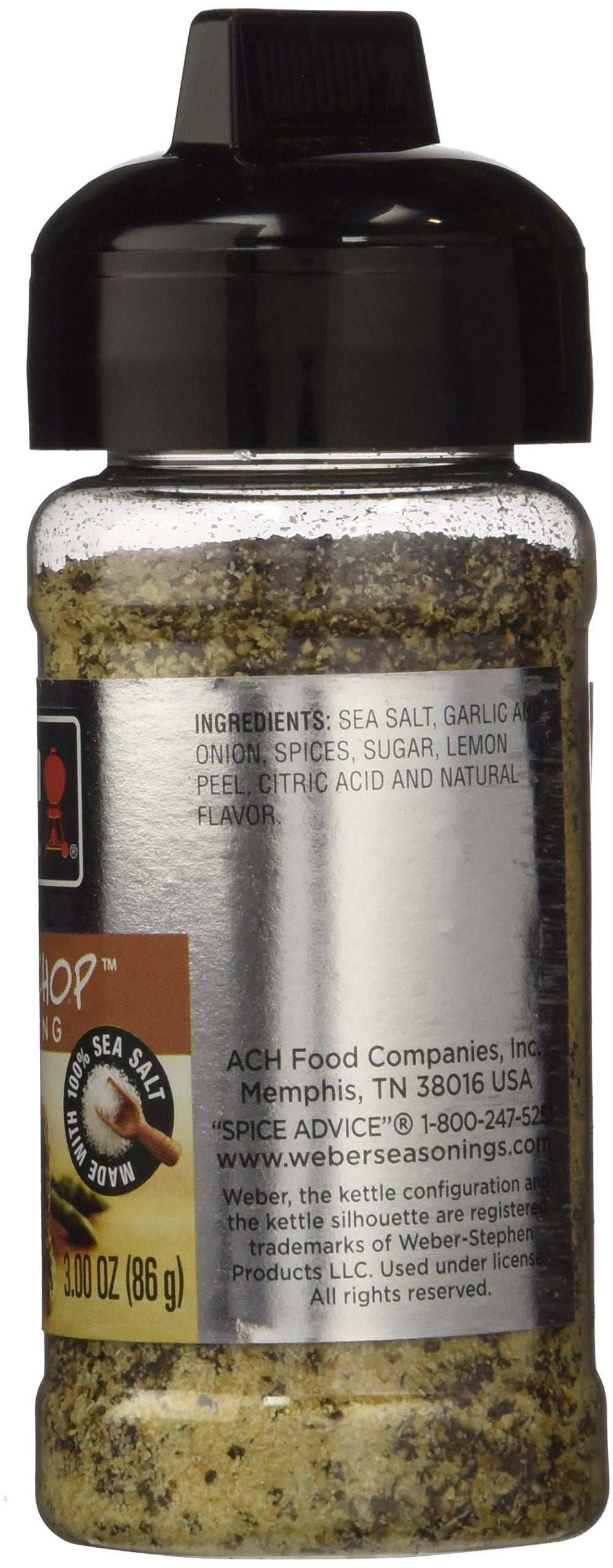 Weber Steak 'N Chop seasoning jar close-up highlights savory herb blend
