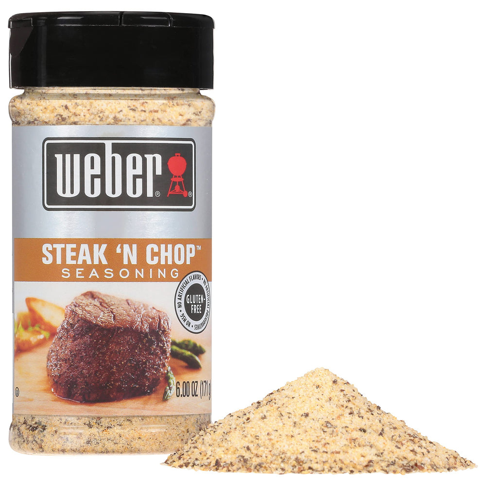 Weber Steak 'n Chop Seasoning on pork chops ready for grilling