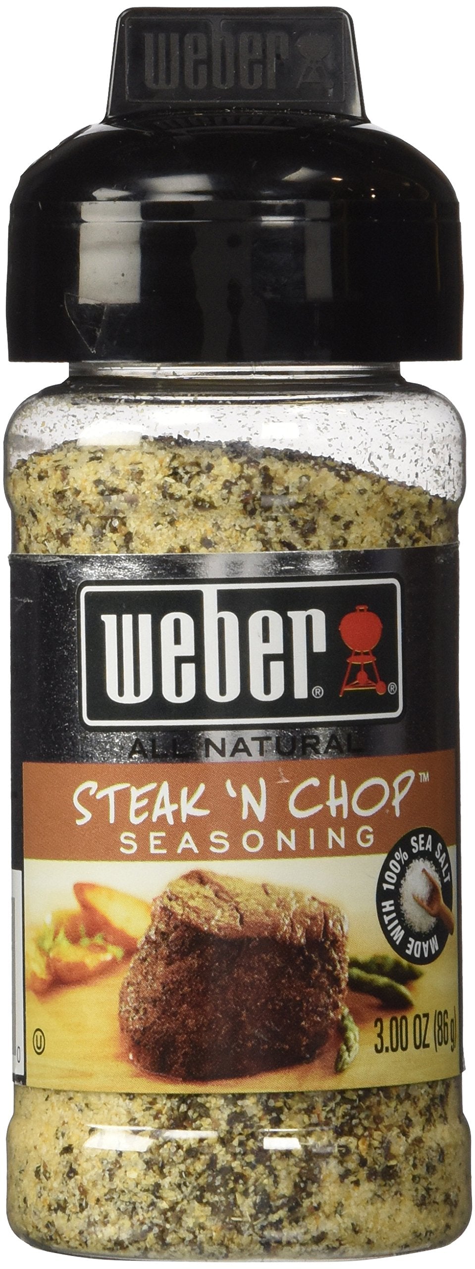Weber Steak 'N Chop seasoning pack 2 front view, ready to season steaks