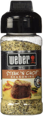 Weber Steak 'N Chop seasoning pack 2 front view, ready to season steaks