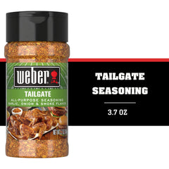 Weber Tailgate Seasoning on burgers for evenly seasoned bites.