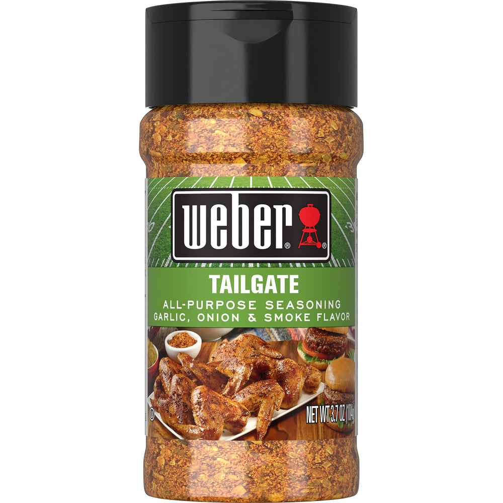 Weber Ultimate Tailgate Seasoning jar front for gameday grilling flavor.