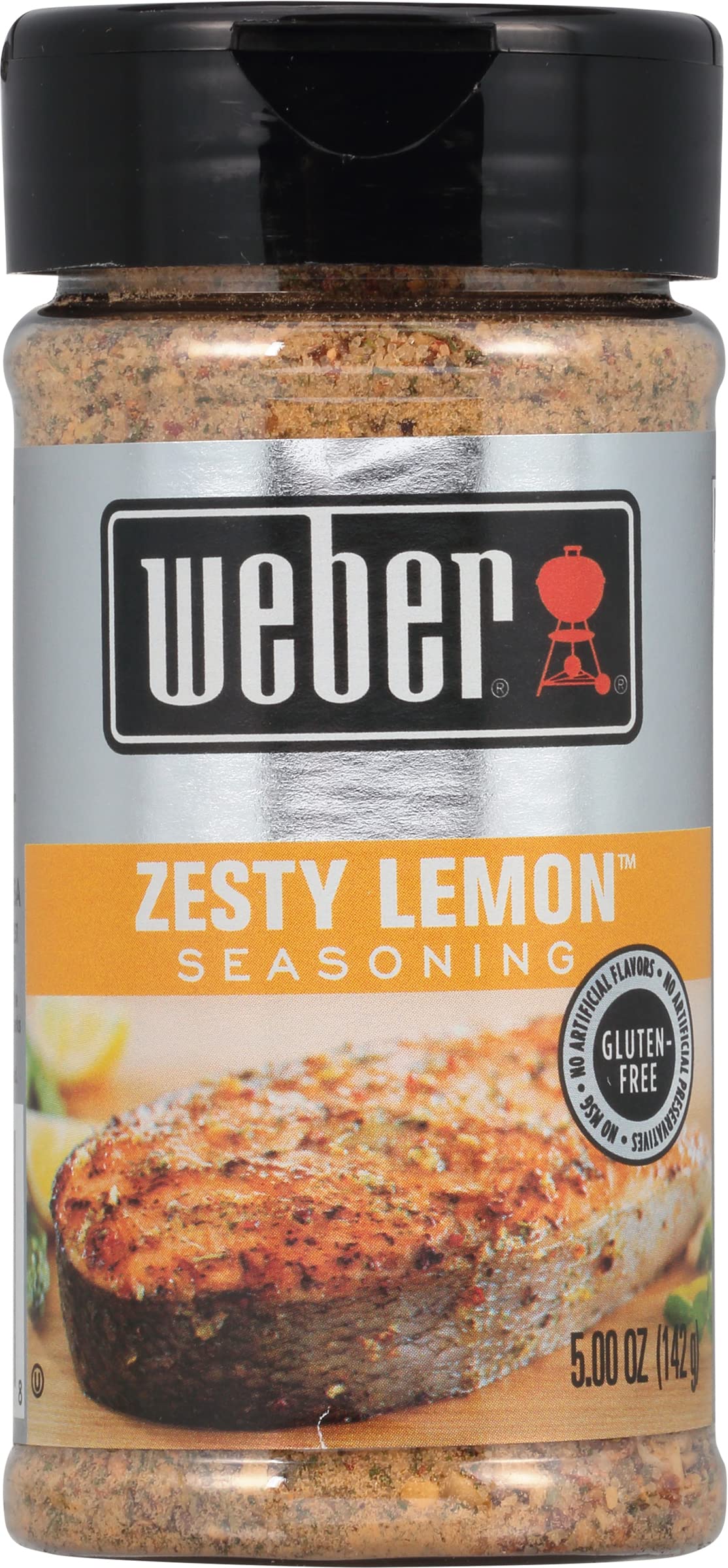 Weber Zesty Lemon Seasoning bottle front view with bright citrus aroma.