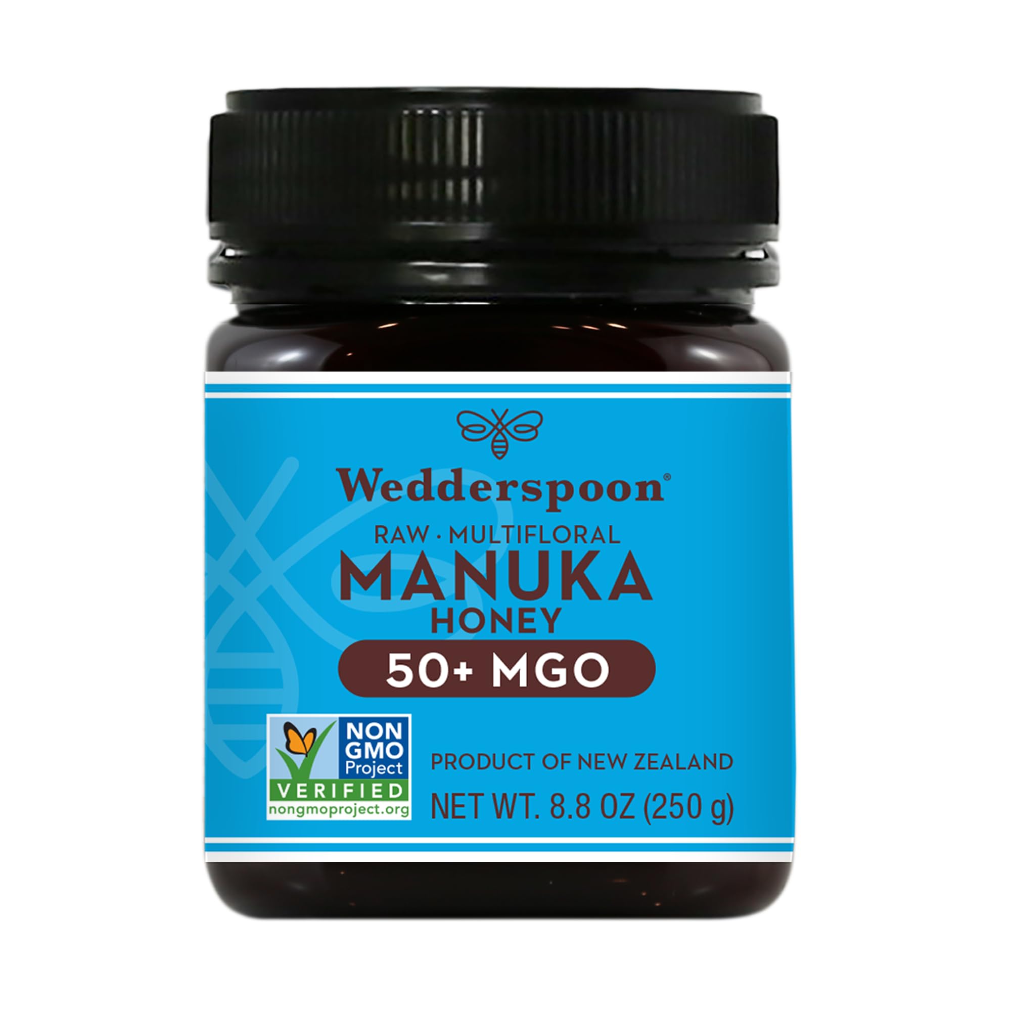 Wedderspoon 50+ MGO Manuka honey jar close-up for rich flavor