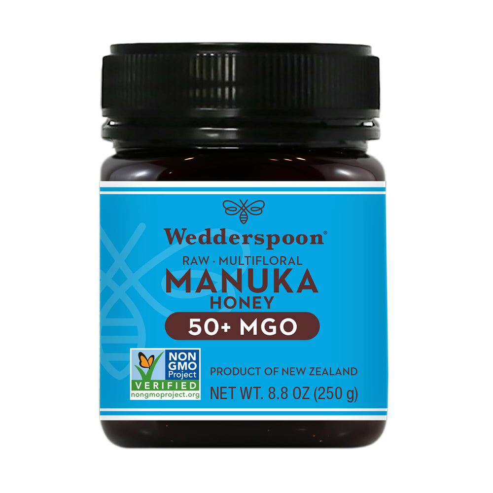Wedderspoon 50+ MGO Manuka honey jar close-up for rich flavor