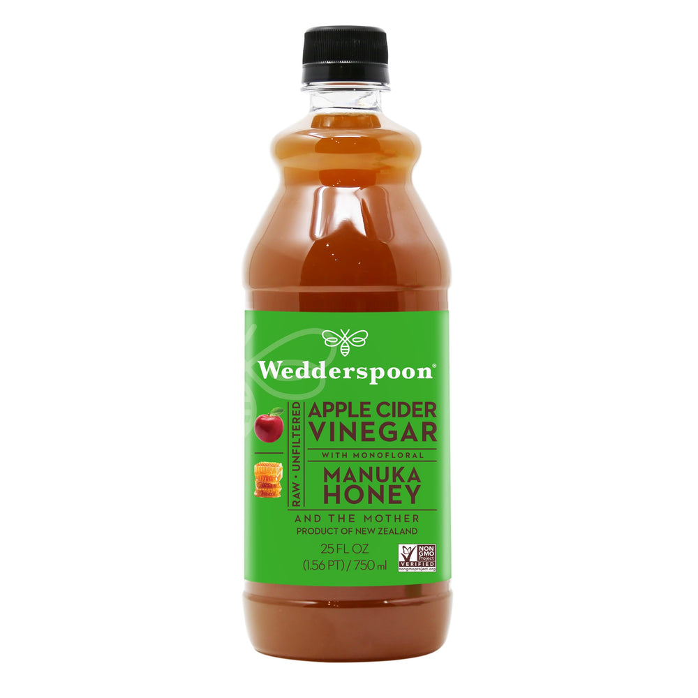 Wedderspoon apple cider vinegar bottle with raw Mother of Vinegar and Manuka honey