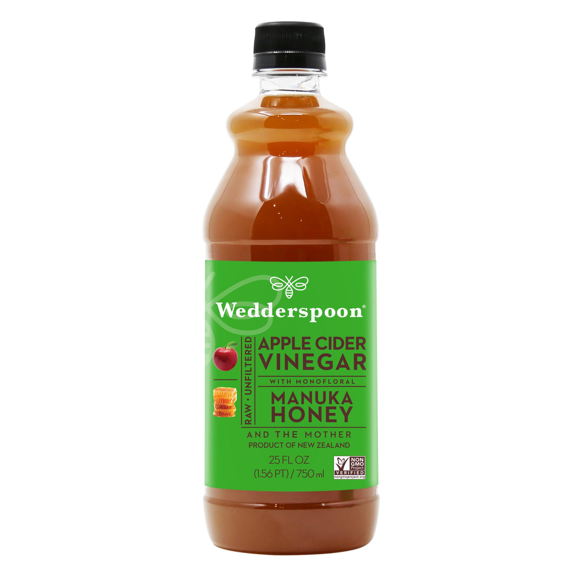 Wedderspoon apple cider vinegar bottle with raw Mother of Vinegar and Manuka honey