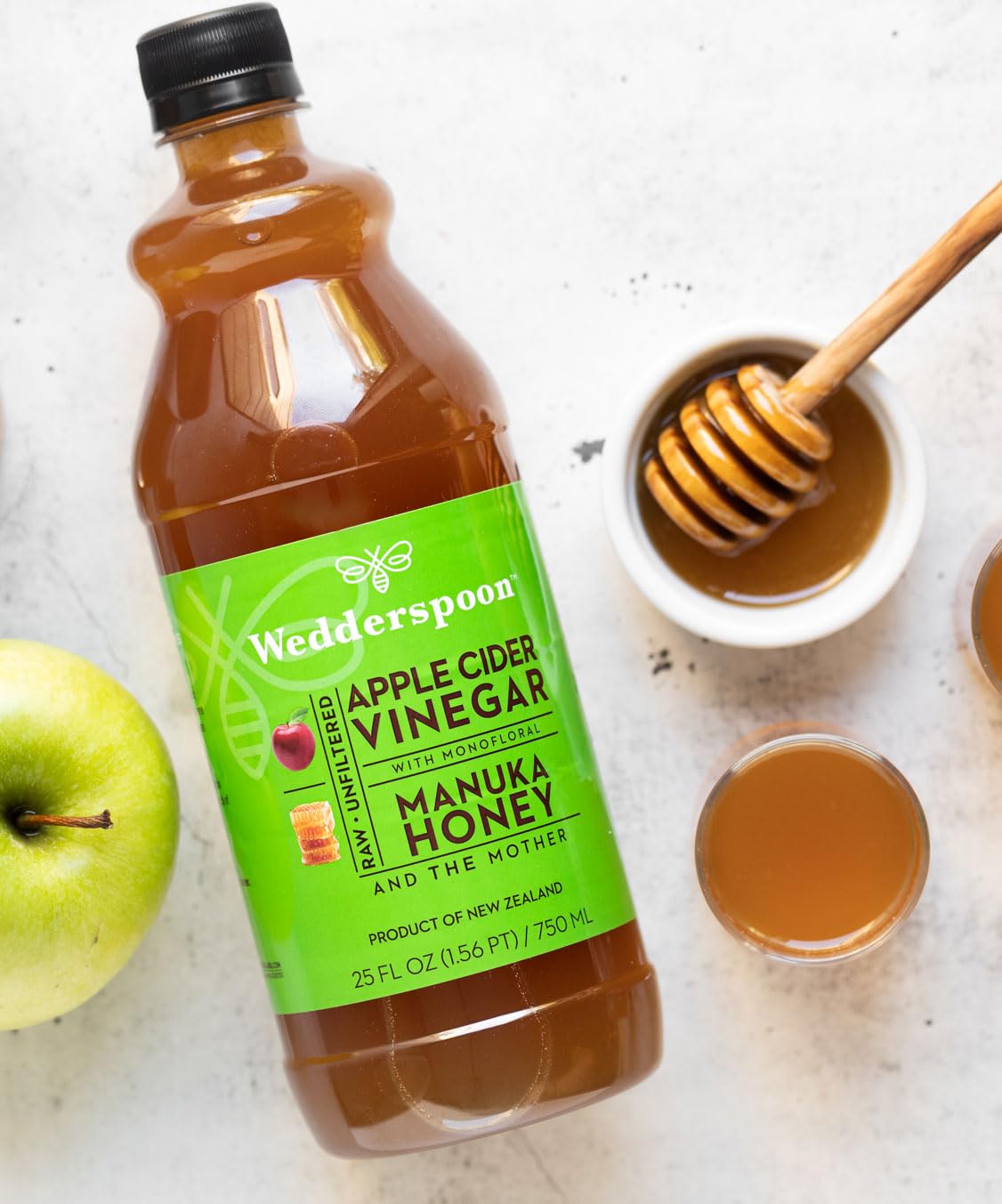 Wedderspoon cider pour shot highlighting Manuka honey sweetness for dressings