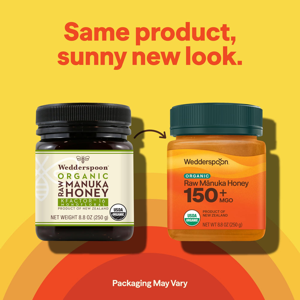 Wedderspoon close-up of creamy Manuka honey texture and rich color.