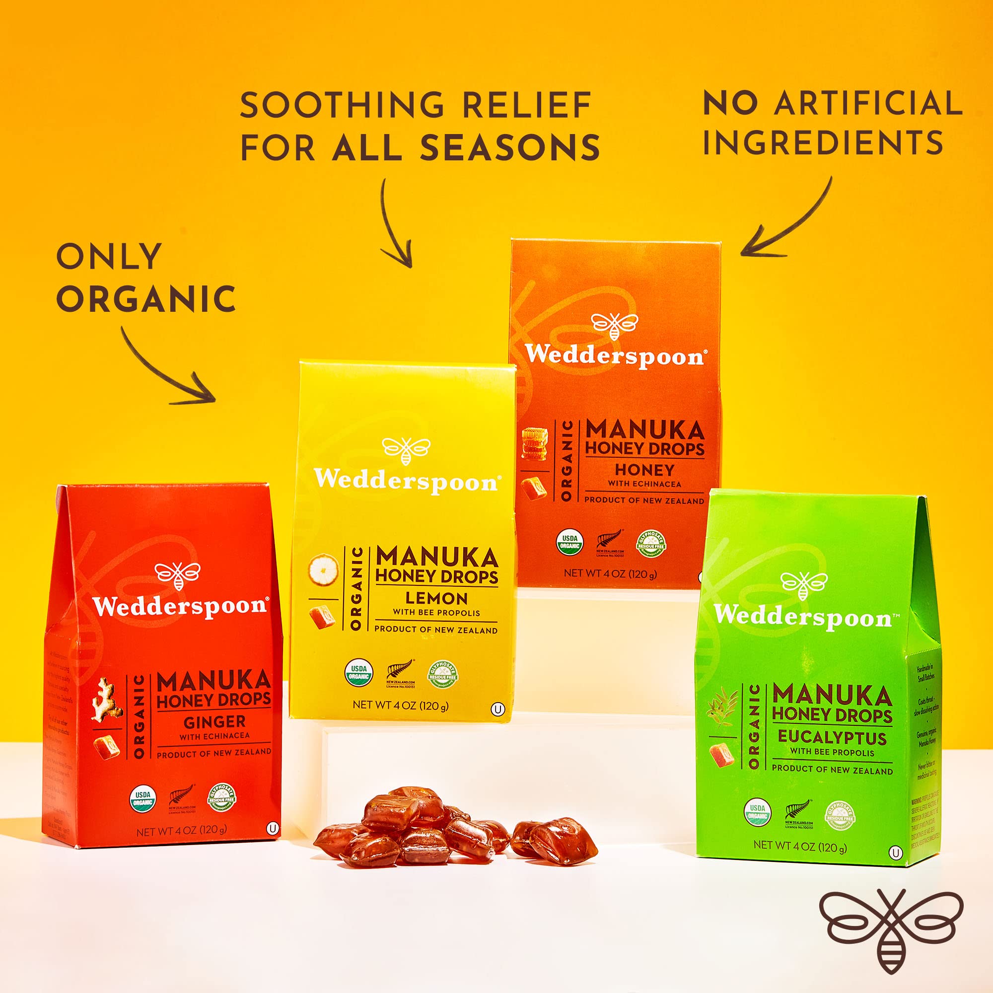 Front-of-pack image of Wedderspoon drops, herbal-infused sweetness for a quick pick-me-up.