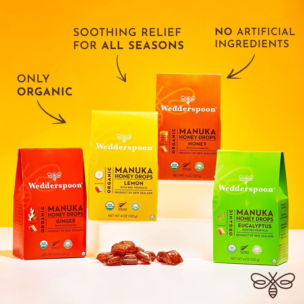 Front-of-pack image of Wedderspoon drops, herbal-infused sweetness for a quick pick-me-up.
