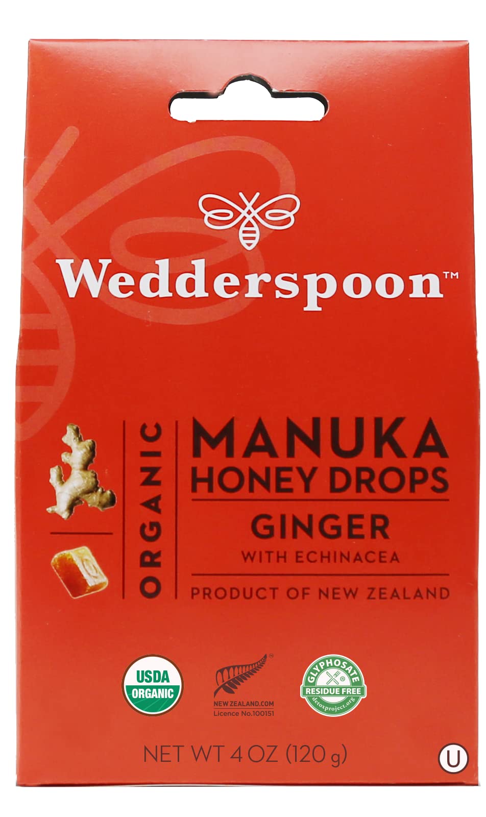 Wedderspoon Manuka honey drops with ginger and echinacea, 20-count pack for throat comfort.