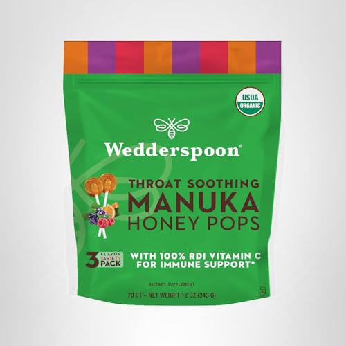 Wedderspoon Manuka Honey Lollipops closeup of ingredients featuring organic cane syrup and Vitamin C.