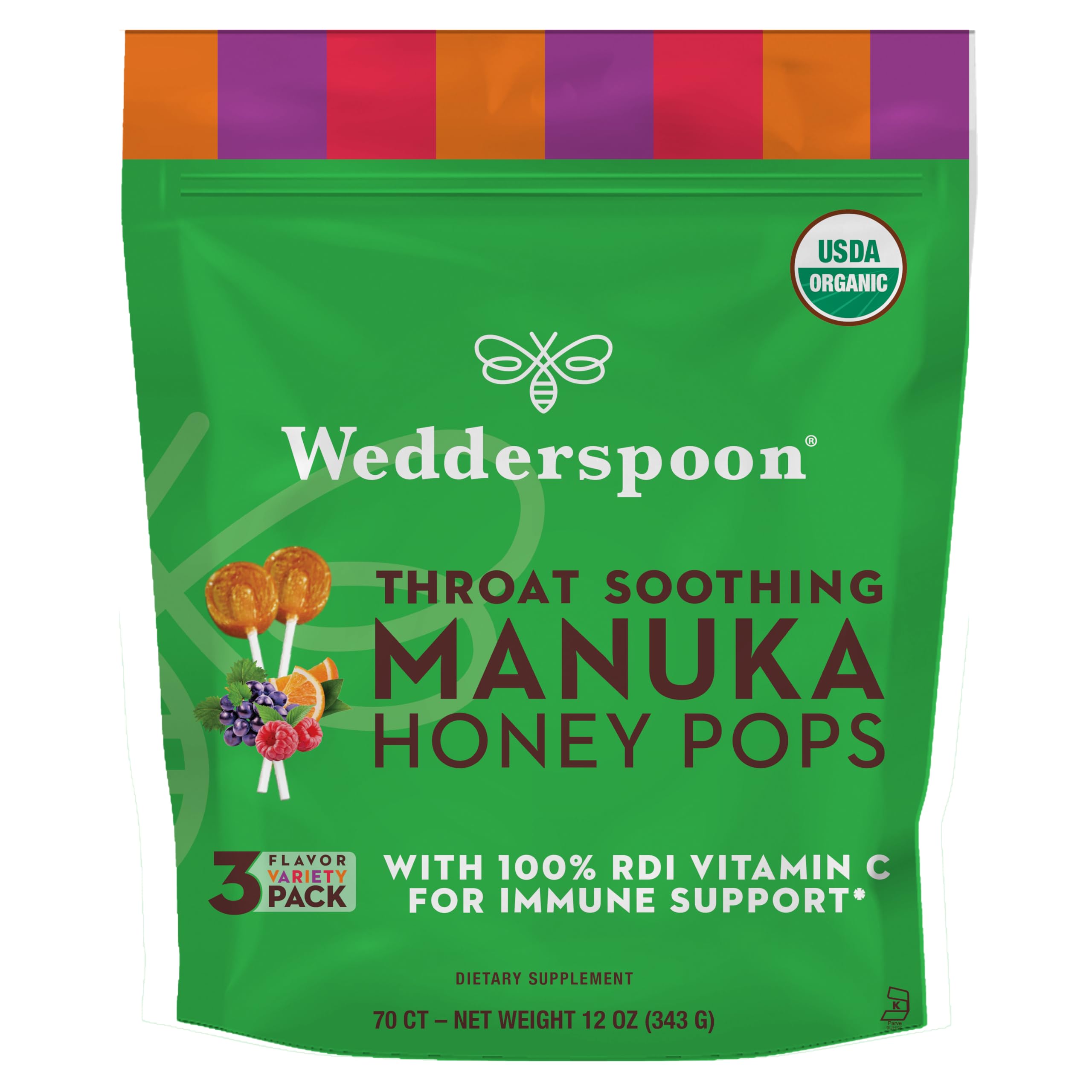 Wedderspoon Manuka Honey Lollipops packaging front highlights organic, kid-friendly treats.