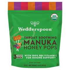 Wedderspoon Manuka Honey Lollipops packaging front highlights organic, kid-friendly treats.