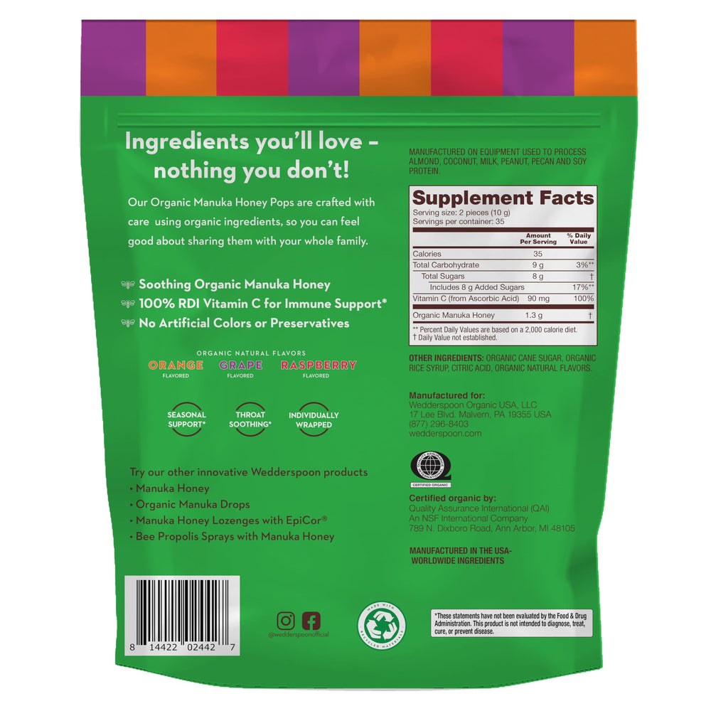 Wedderspoon Manuka Honey Lollipops variety flavors shown orange, grape, and raspberry.
