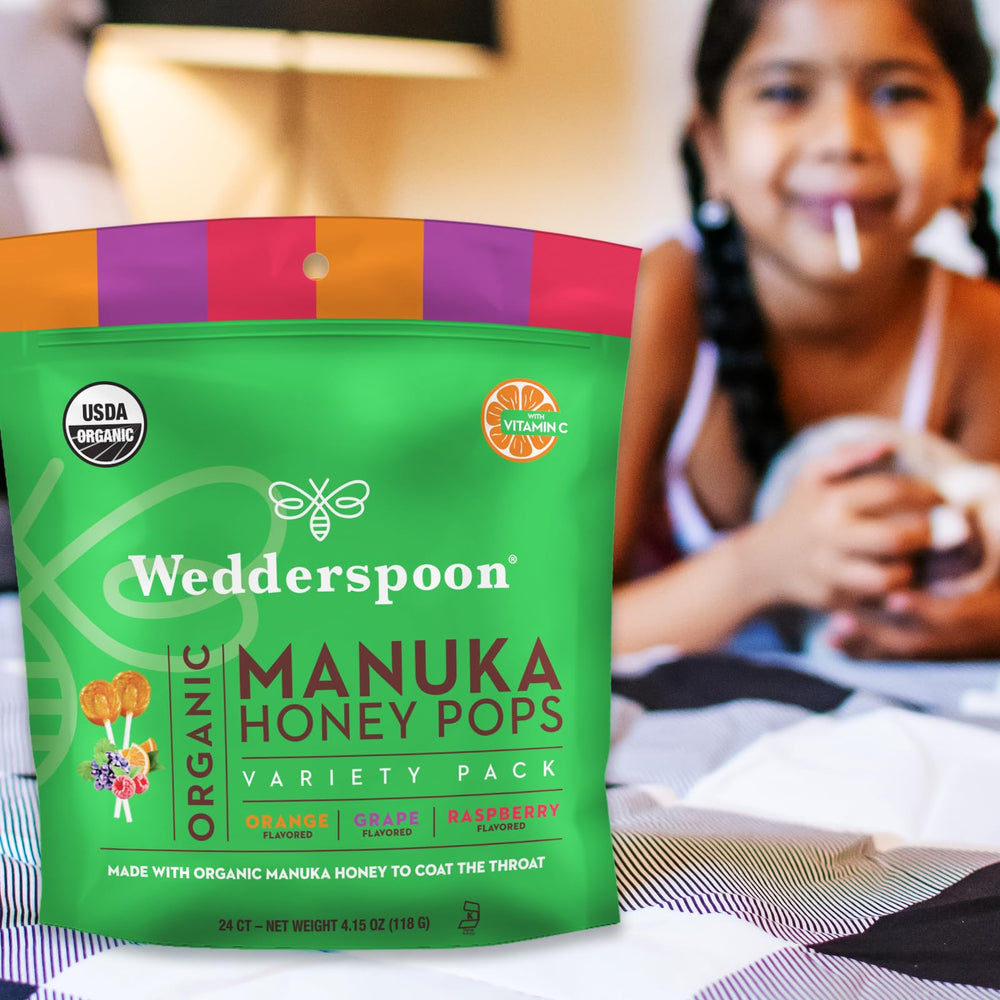 Wedderspoon Organic badge on packaging highlighting GMO-free ingredients