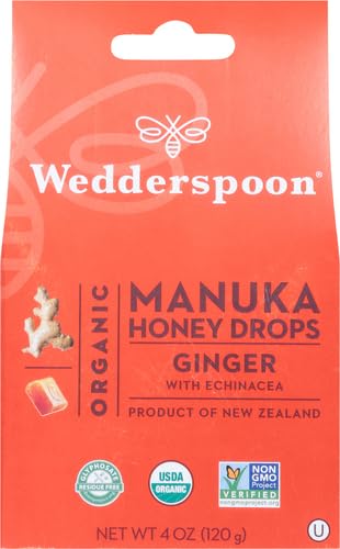 NZ-origin Wedderspoon honey drops label highlights genuine Manuka honey and herbal notes.
