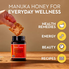 Wedderspoon New Zealand Manuka honey bottle emphasizing traceability from hive.