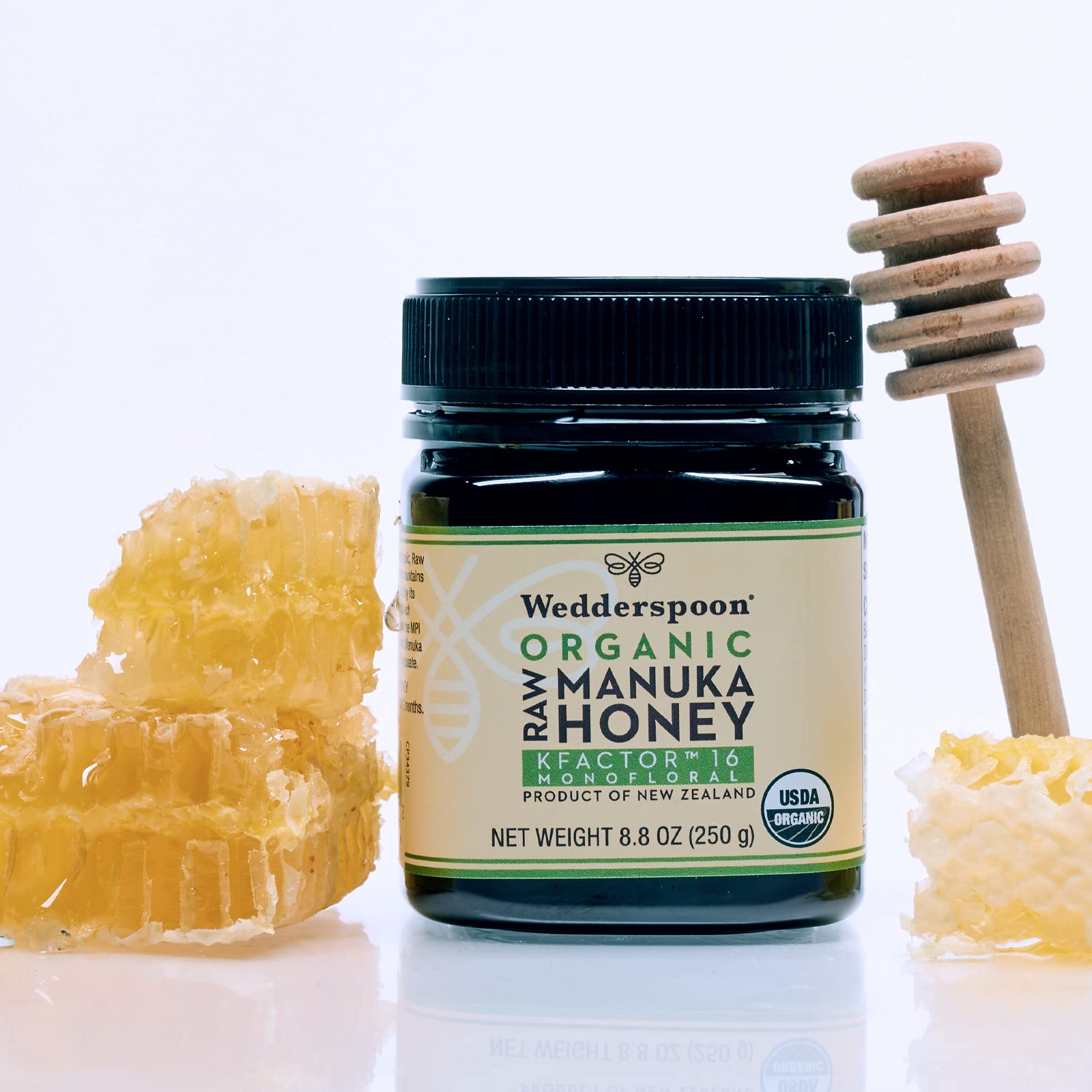 Wedderspoon non-GMO monofloral Manuka honey in jar.