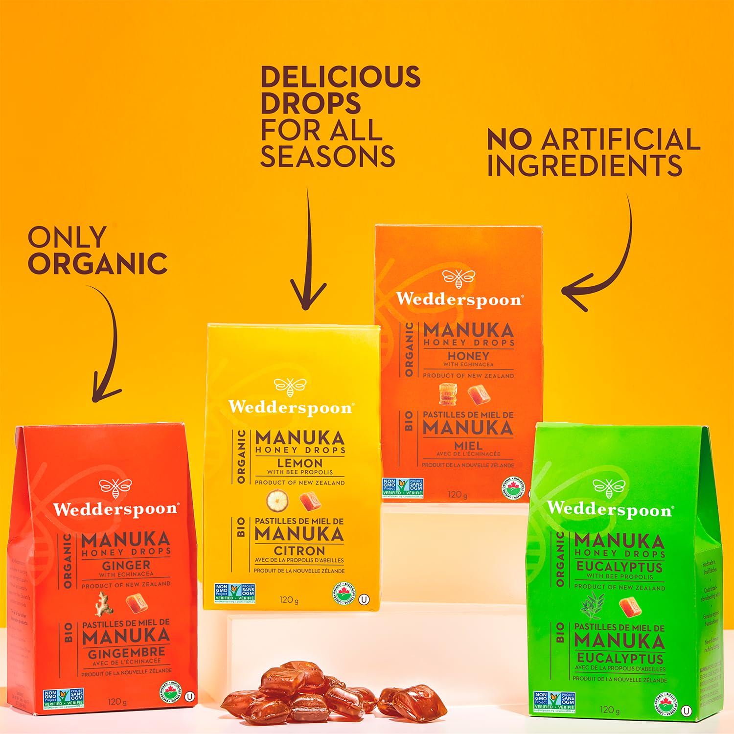 Wedderspoon ginger and echinacea drops ease throat irritation with natural sweetness.