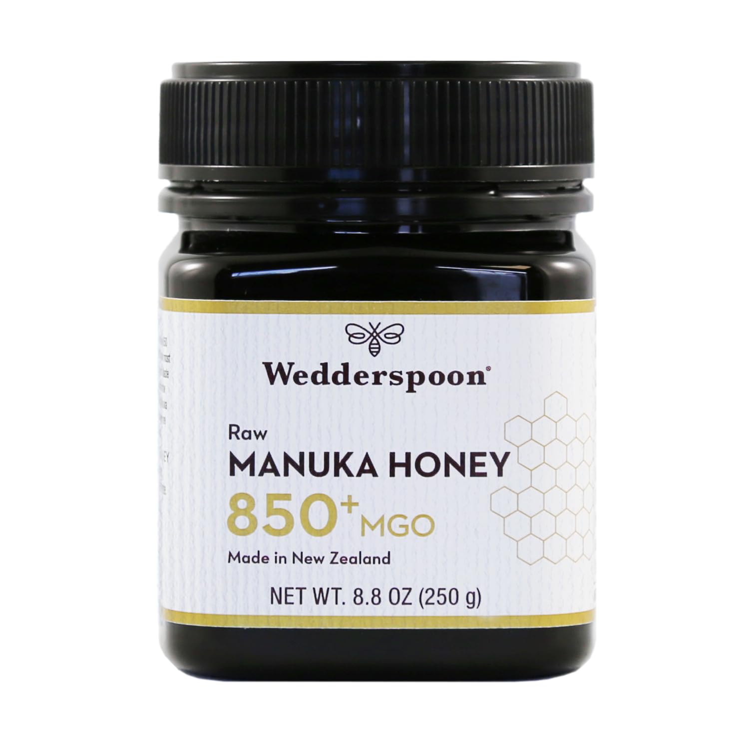 Wedderspoon raw Manuka honey bottle with 850+ MGO for premium wellness.