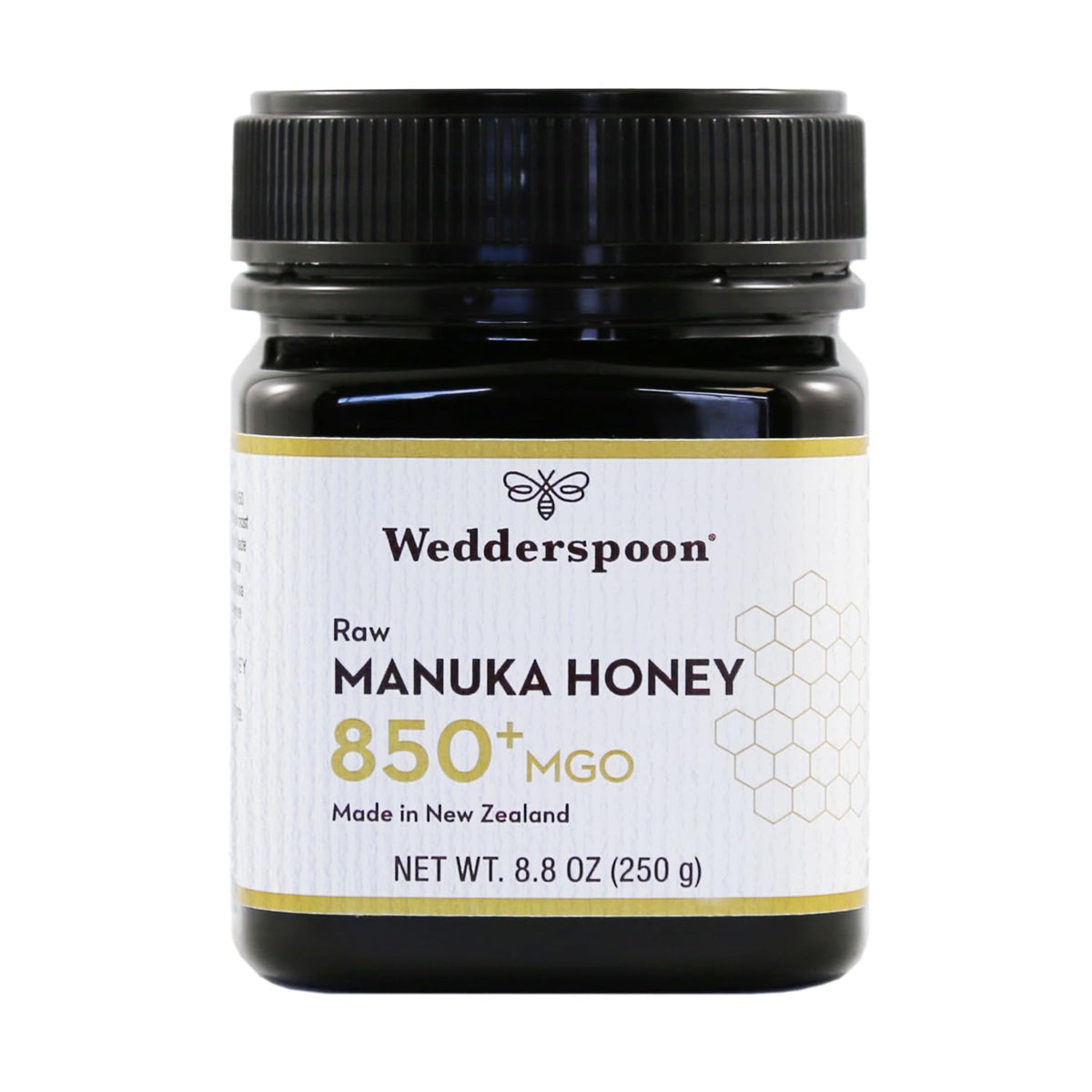 Wedderspoon raw Manuka honey bottle with 850+ MGO for premium wellness.