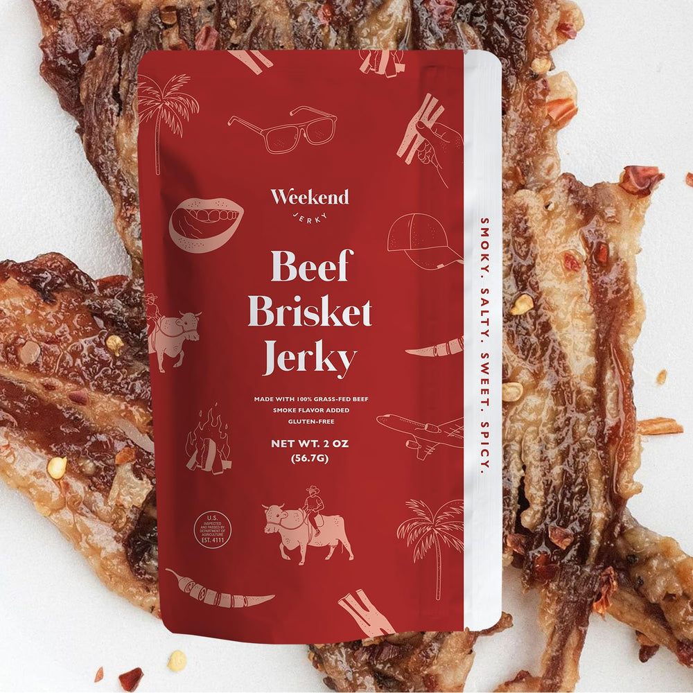 Weekend Jerky premium beef brisket jerky 2oz front pack shows rich color and bold flavor potential