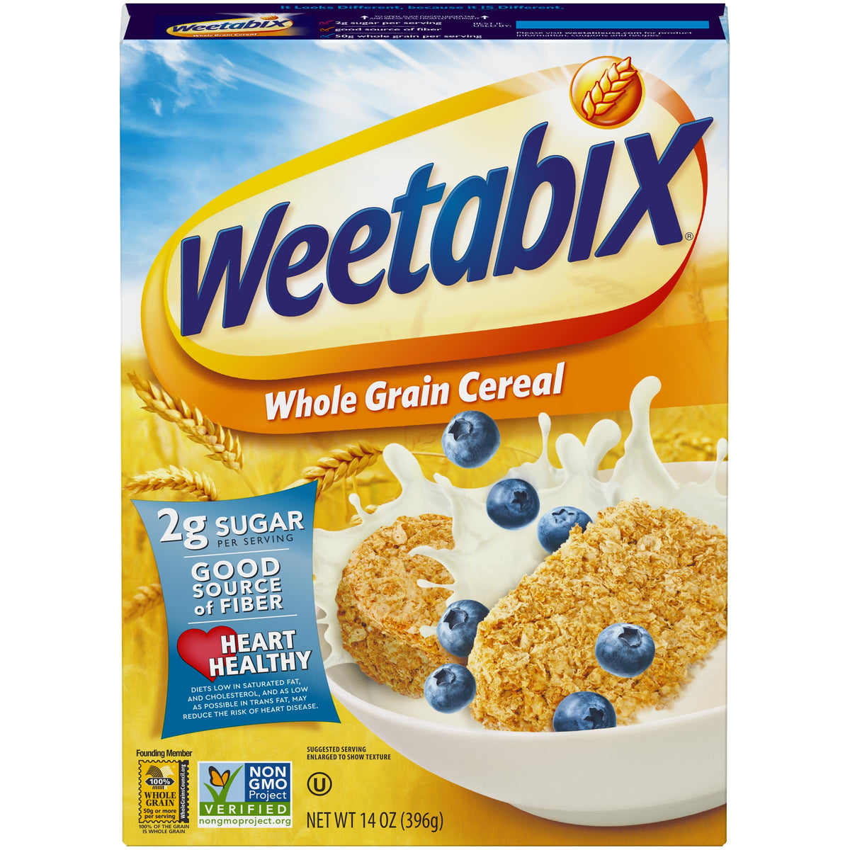 Weetabix whole grain cereal box on shelf, quick breakfast option