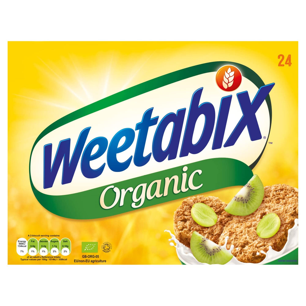 Weetabix Organic 450g pack on shelf, a wholesome start to the morning with high-fiber grains.