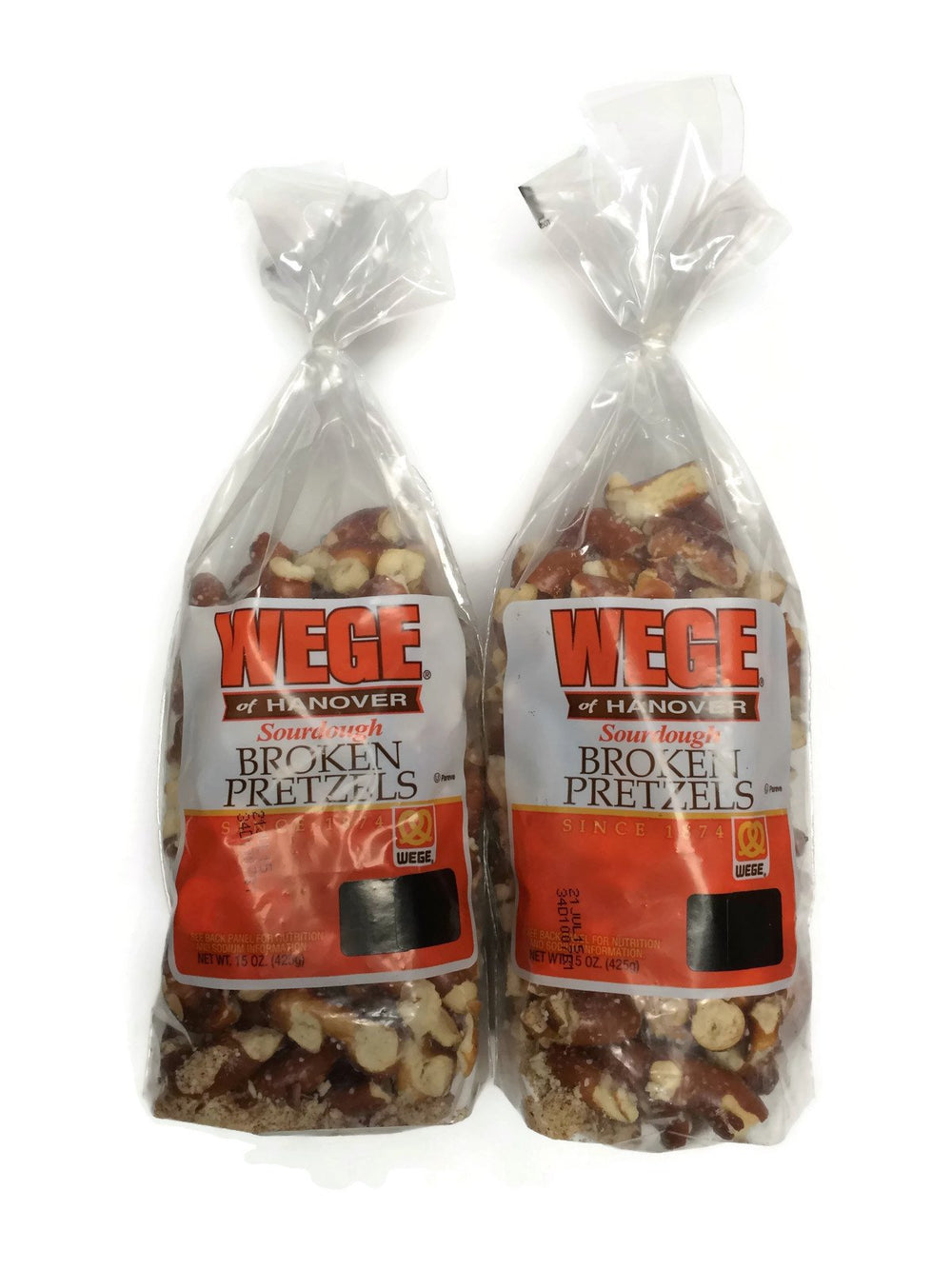 Wege Sourdough Broken Pretzels 2-pack on a rustic board; hearty crunch for snacking.