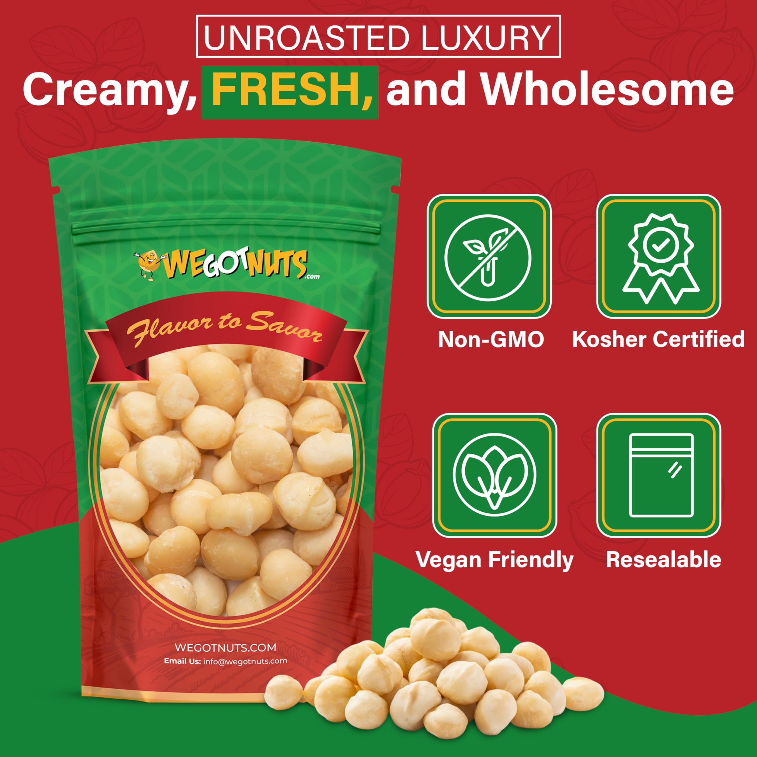 We Got Nuts kosher-certified macadamia nuts packaging signals premium quality