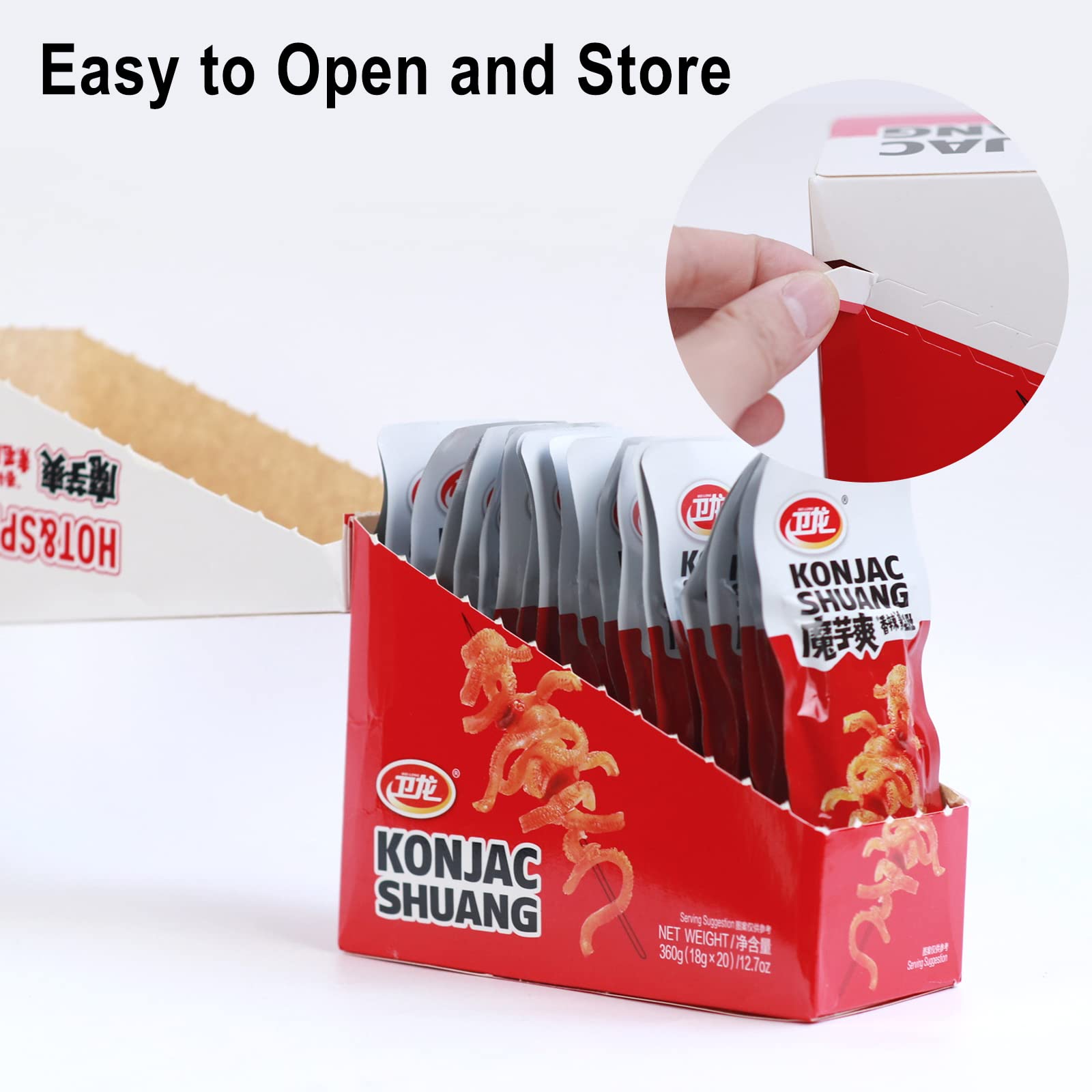 WeiLong spicy konjac strip close-up reveals chewy texture and seasoning.