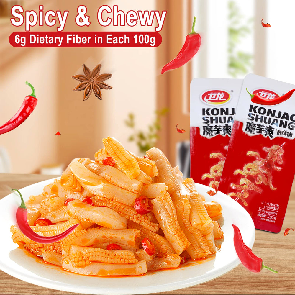 WeiLong spicy konjac strips ready to share as a bold snack or side dish.