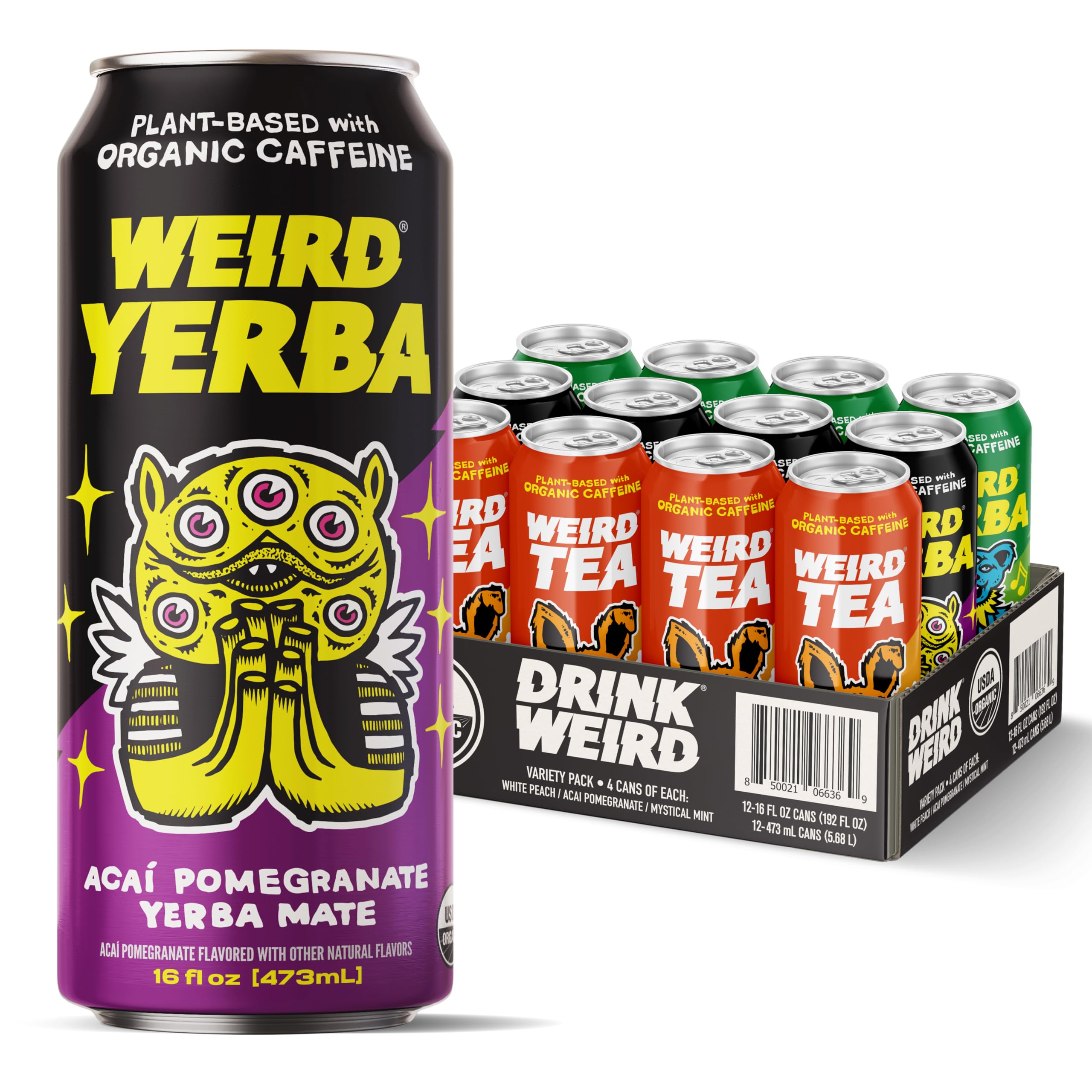 WEIRD acai pomegranate yerba mate can for a bold afternoon boost.
