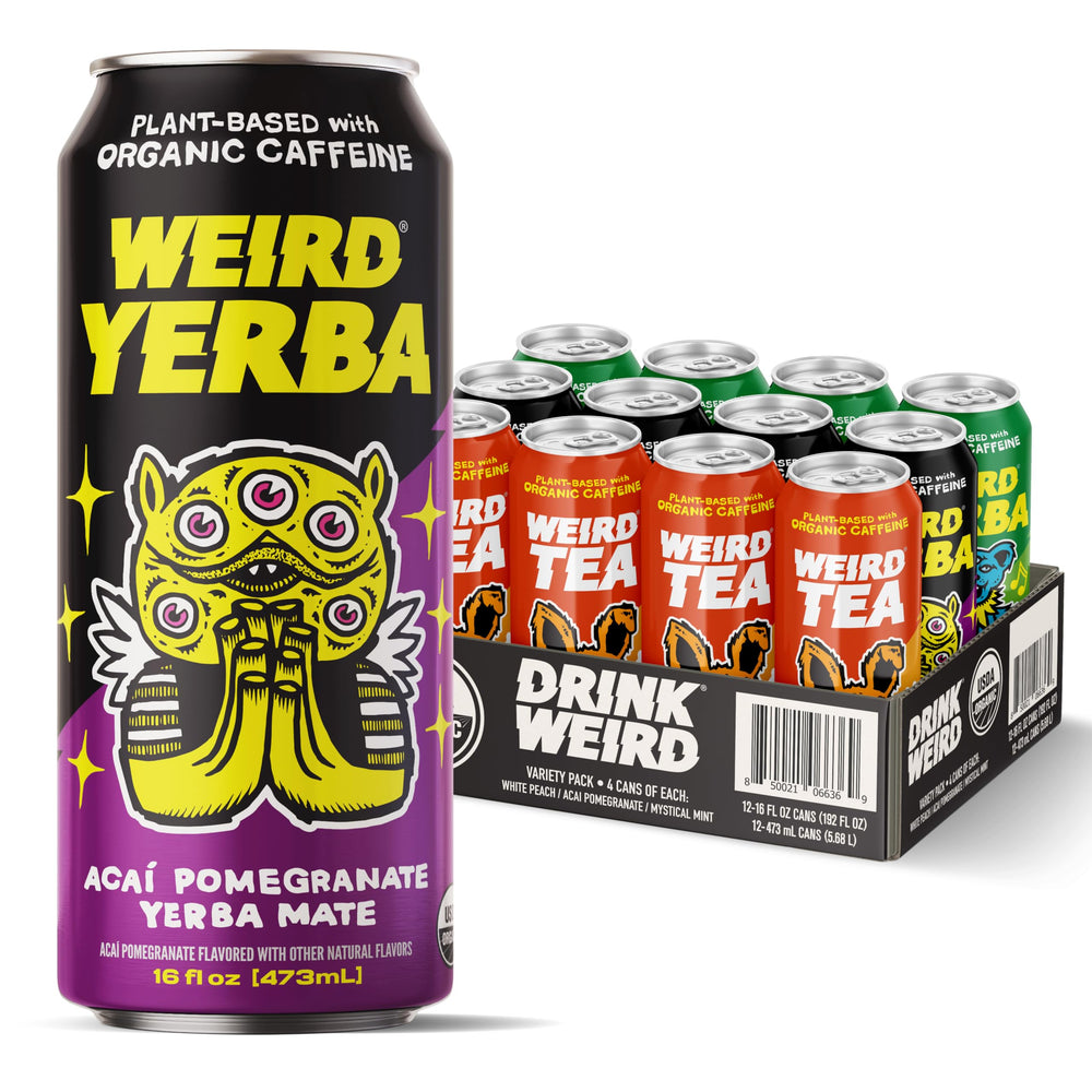 WEIRD acai pomegranate yerba mate can for a bold afternoon boost.