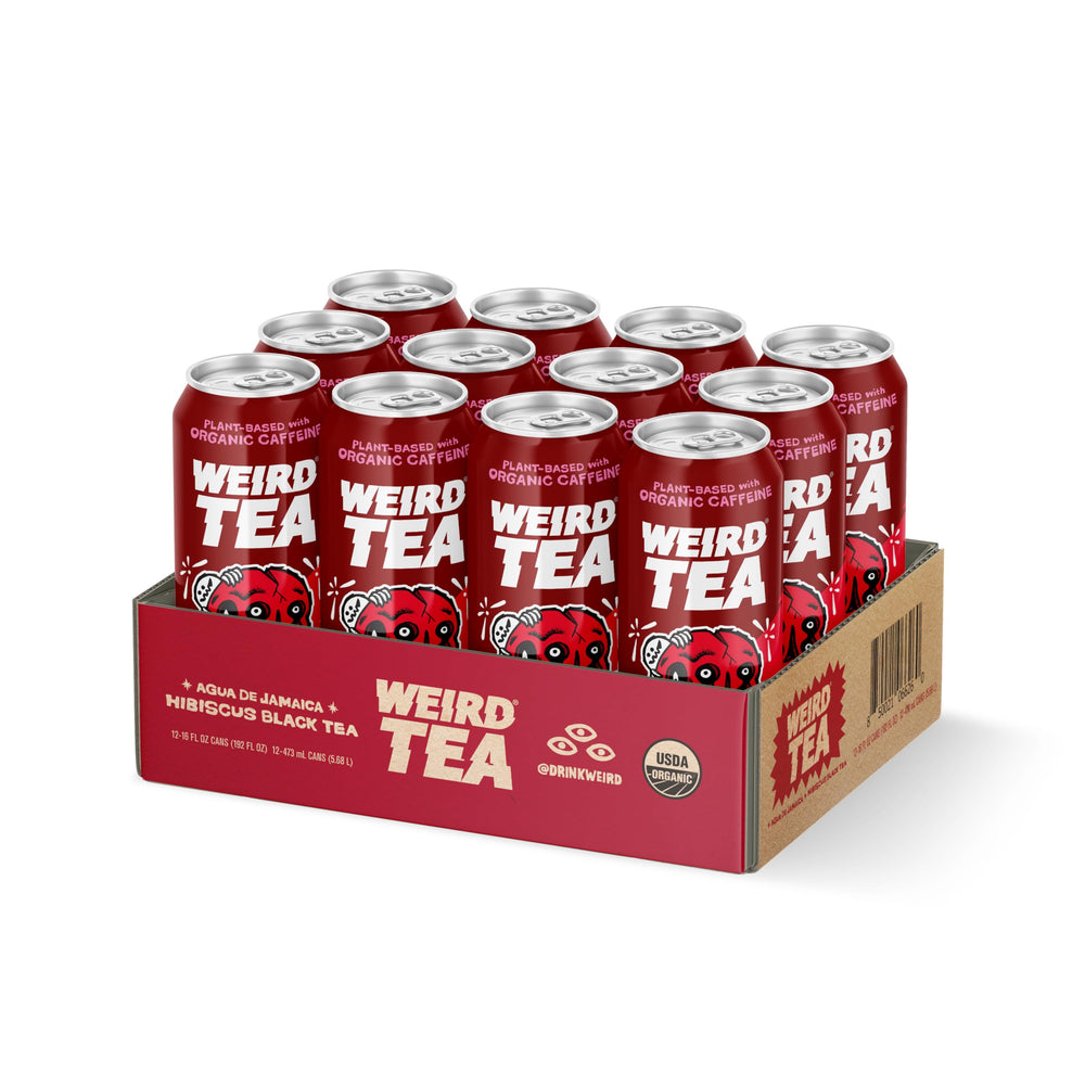 WEIRD Agua de Jamaica hibiscus tea label shown during study session at desk.