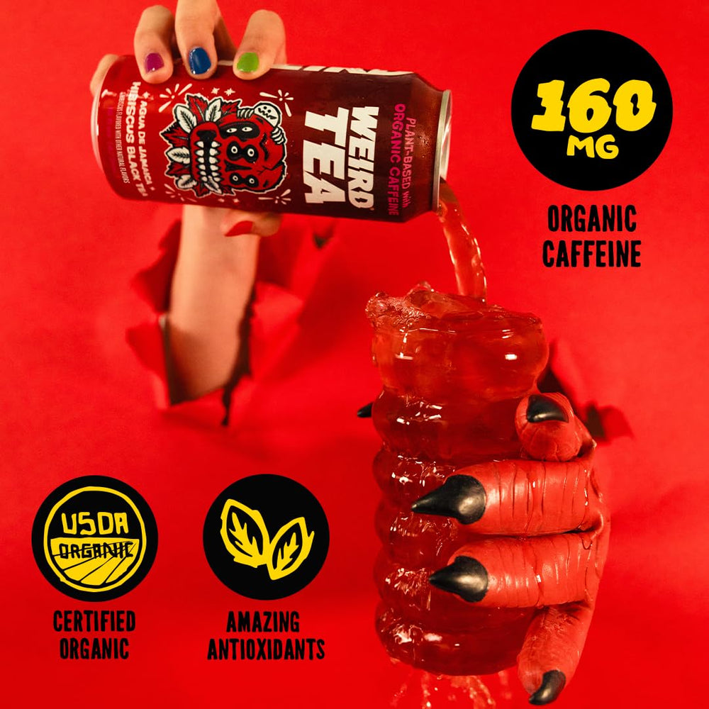 WEIRD Agua de Jamaica hibiscus tea USDA Organic label close-up signaling trusted ingredients.