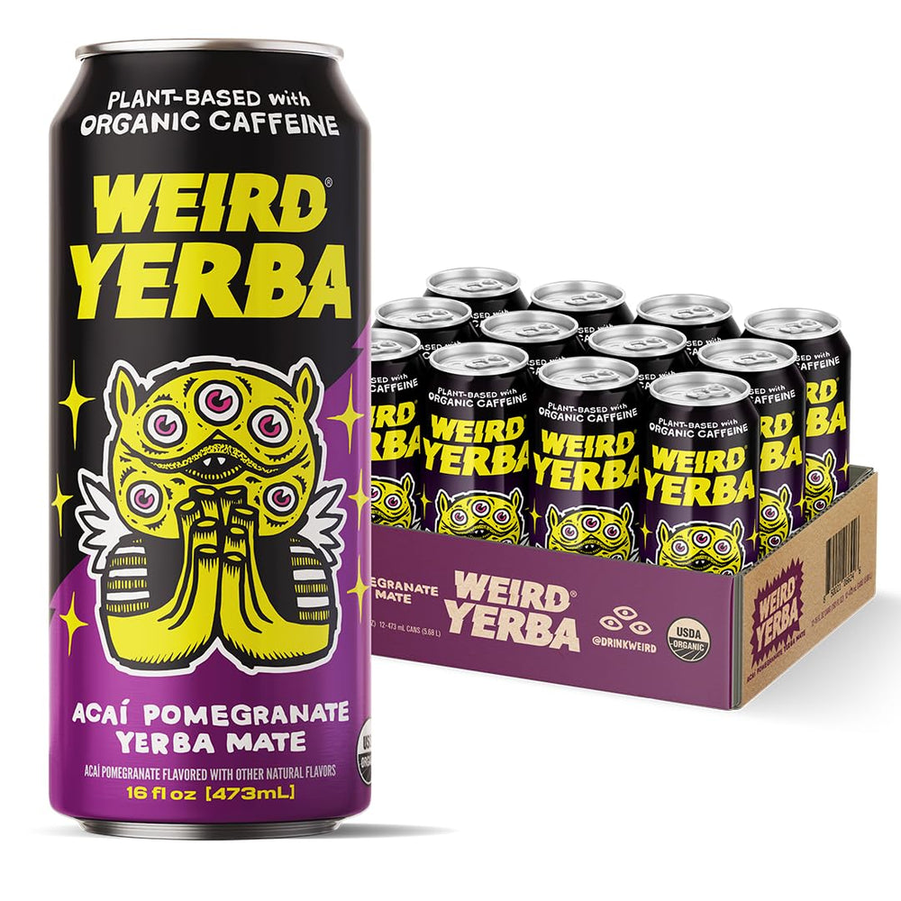 Drink Weird Acai Pomegranate Yerba Mate can front view showcasing bold branding and energy appeal.