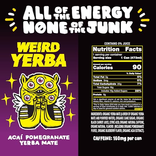 Drink Weird Acai Pomegranate Yerba Mate can side view highlighting compact portability.