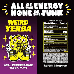 Drink Weird Acai Pomegranate Yerba Mate can side view highlighting compact portability.