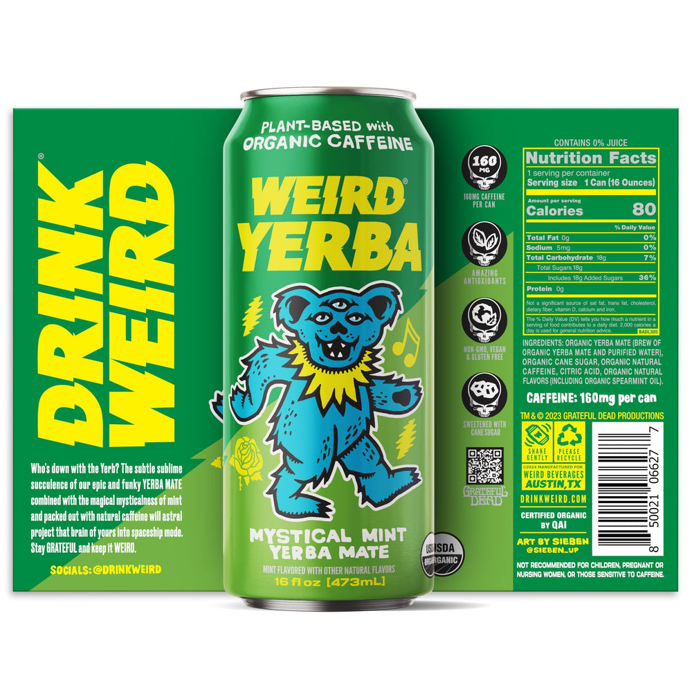WEIRD Grateful Dead collab label on can for collectible vibe and energized moments.