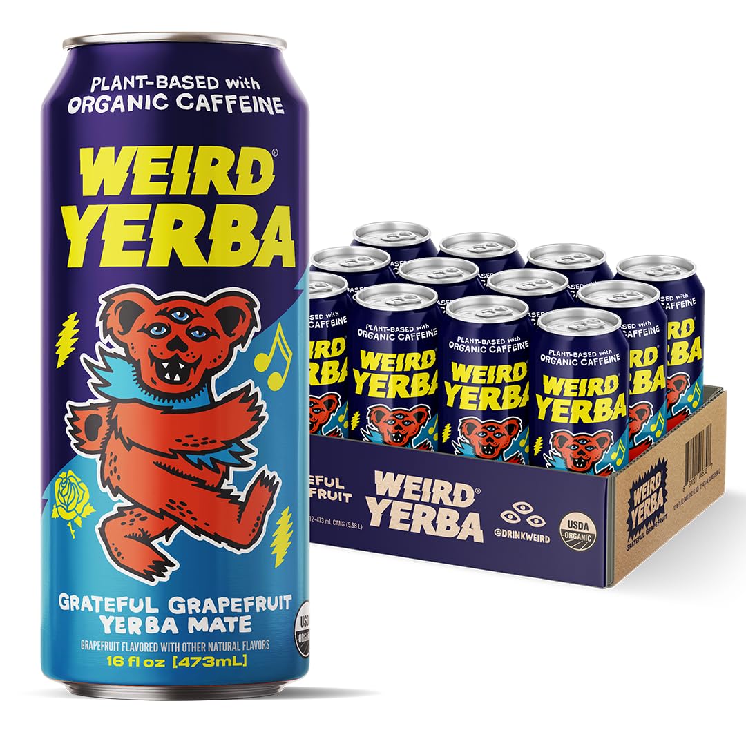 WEIRD Grateful Grapefruit Yerba Mate can front view with caffeine boost