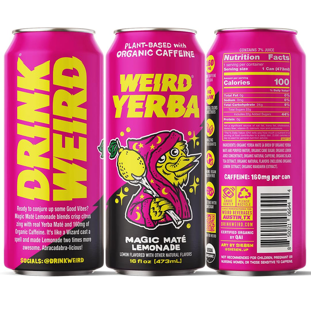 WEIRD Organic Magic Mate Lemonade can pour highlights crisp flavor.
